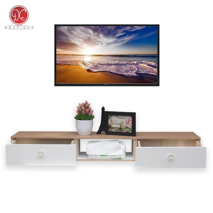 Rak Tv Dinding Minimalis 100X20Cm 2 Laci Meja Tv Tempel Dinding Modern