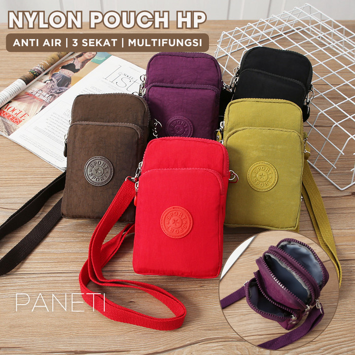 NYLON POUCH TAS SELEMPANG HP WATERPROOF WANITA 3 SEKAT IMPORT - NP01