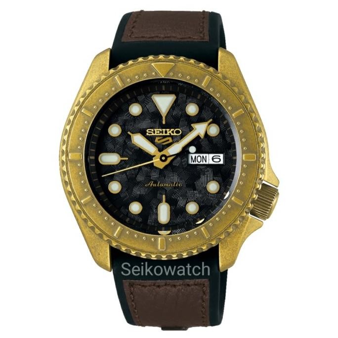Murah Seiko 5 Sports Srpe80K1 Srpe80 Black Dial Brown Polyurethane Strap