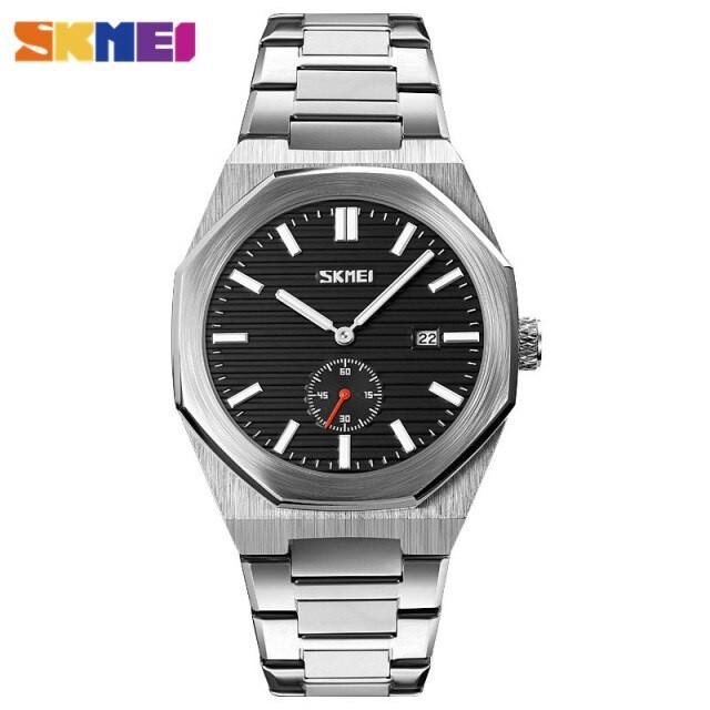 Jam Tangan Pria Skmei 9262 Analog Date Jam Stainless Silver Hitam