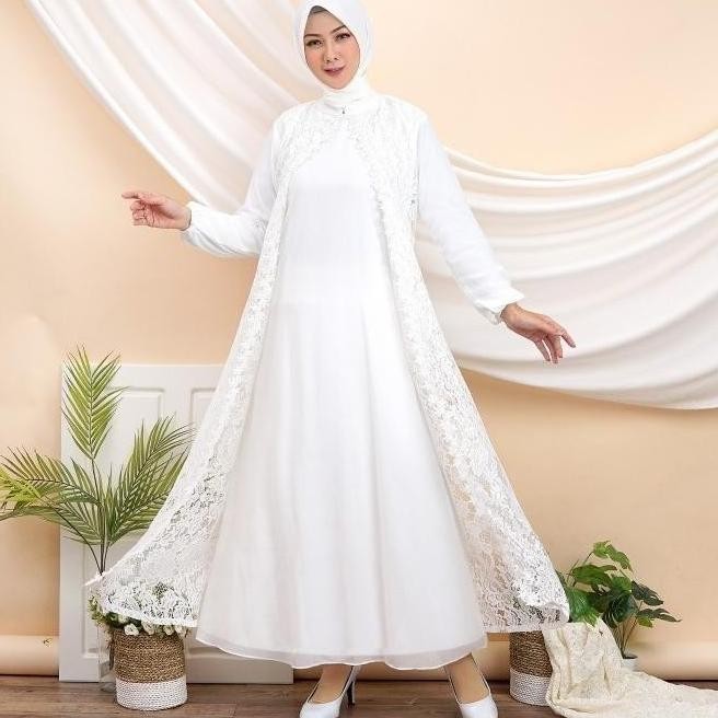 Gamis Putih Muslim Wanita Dress Brukat Lebaran Haji Umroh Manasik 055 Calliasaleilani