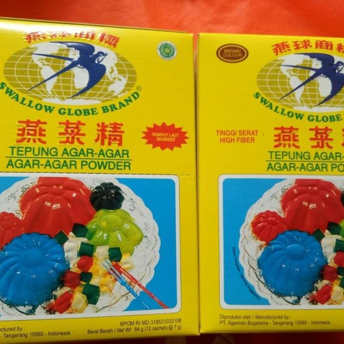 

TERBARU TEPUNG AGAR-AGAR SWALLOW GLOBE BRAND SATU DUS KECIL ISI 12 SACHET. !!!!!