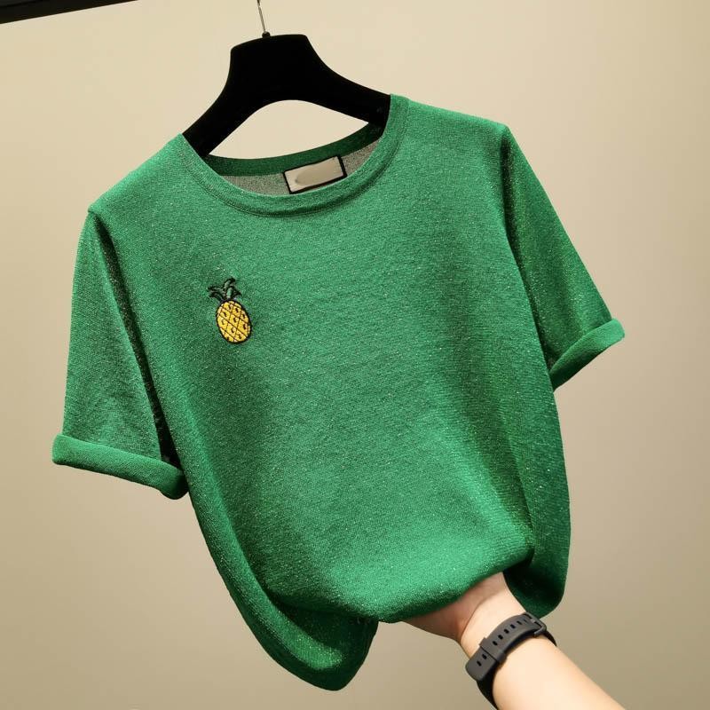 

[1145 People Collected] Loose Fruit Embroidery Short Sleeve Ice Silk T-Shirt for Women Shiny Sparkling Thin Knitted Top for Summer