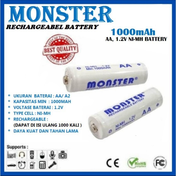TERBAIK BATERAI AA 1000MAH RECHARGEABLE 1.2V MONSTER KODE 71