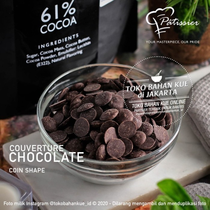 

Patissier Chocolate 61% DARK Couverture 500gr Cokelat Coin Coklat