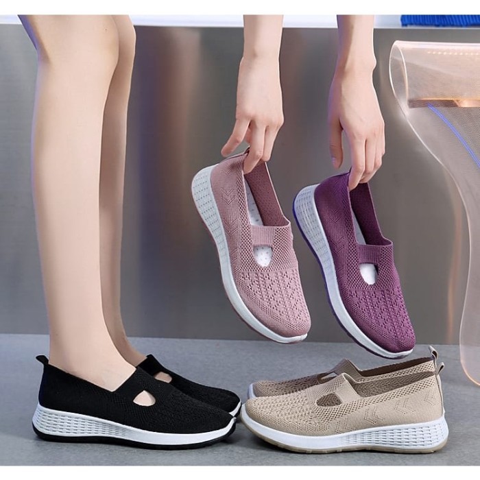 Free Box Sepatu Slip On Rajut Wanita Sepatu Flat Wanita Import Lv0156