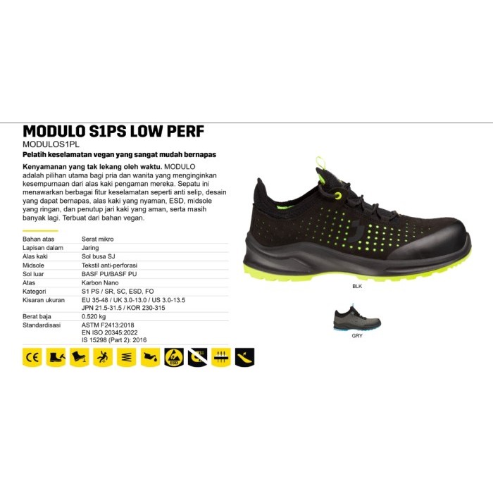 Sepatu Safety Jogger Modulo S1PS Low Perf Black Sepatu Safety Shoes Kerja Proyek Sporty Nano Carbon