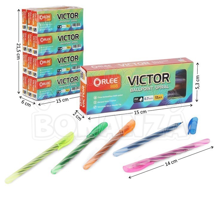 

[Bonanza] Grosir 12 Pcs Bolpoin Hitam 0,7 mm Victor Ballpoint Spiral Peralatan ATK