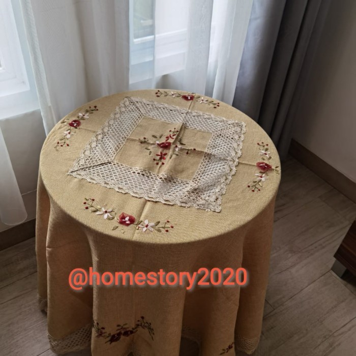 taplak meja makan kain katun sulam pita bulat ukuran 180cm dan225cm