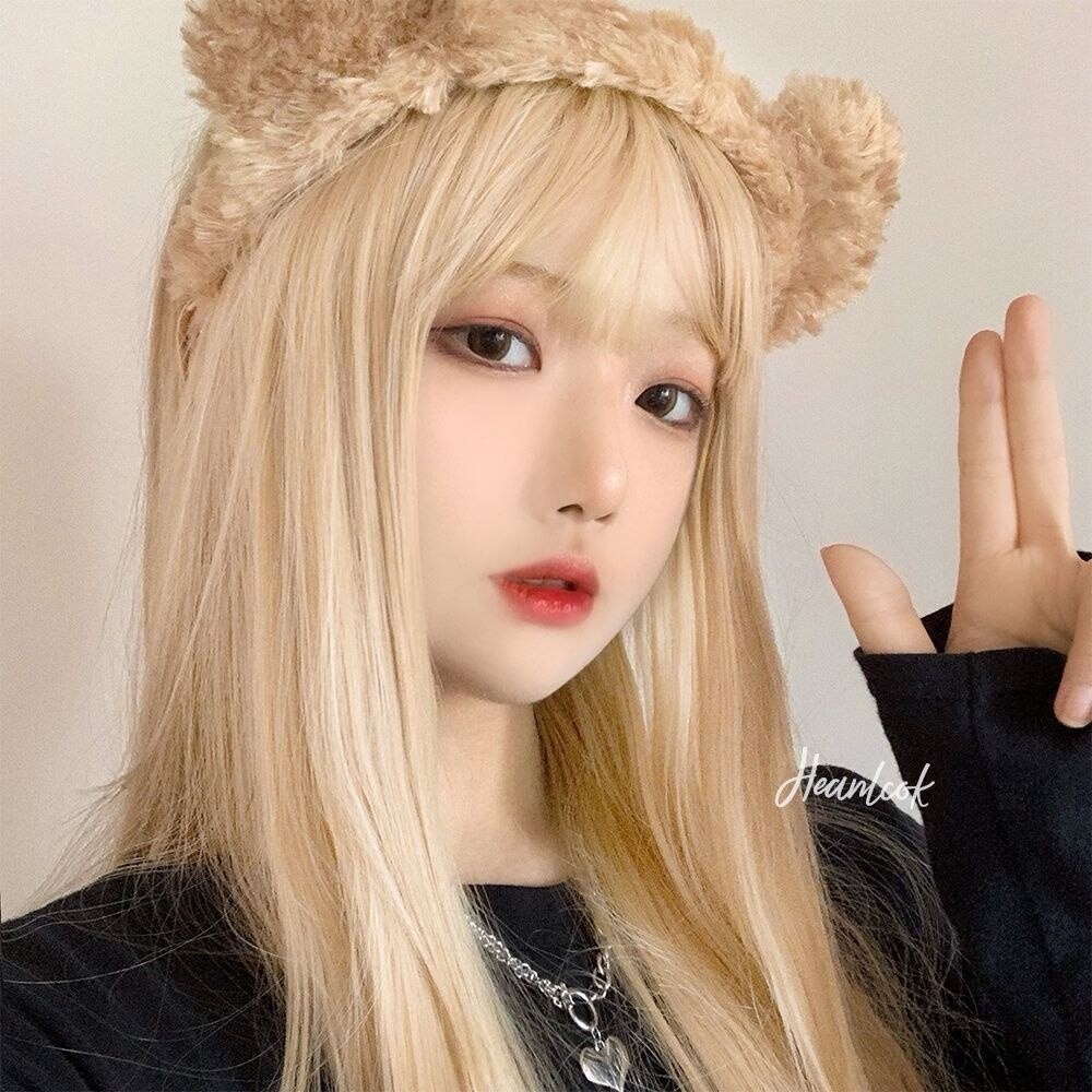 Wig Pirang Sejuk Wanita Rambut Palsu Panjang Barbie Jaring Merah Putih Rambut Lurus Panjang Menengah