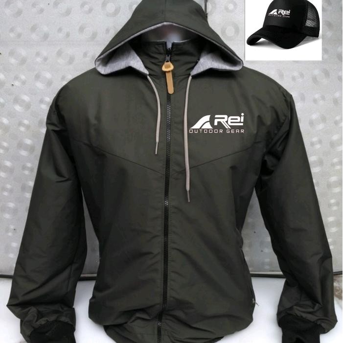 Jaket Parasut Waterprof Bolak Balik Logo Rei Bonus Topi