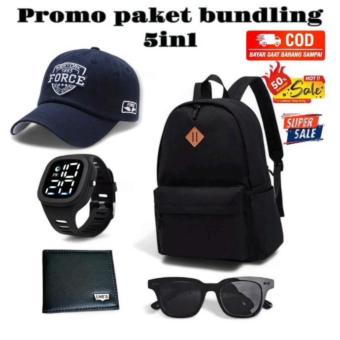 Siap Kirim PAKET HEMAT  BUNDLING 5IN1 TAS RANSEL,TOPI BASEBALL,JAM DIGITAL,DOMPET,KACAMATA Pria Back