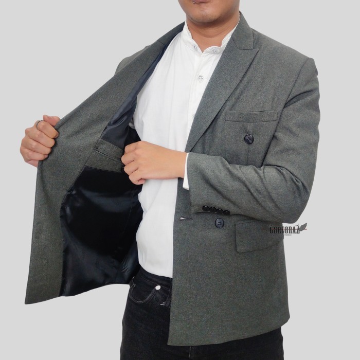 jas blazer pria tuxedo abu tua semiwool double breasted slimfit
