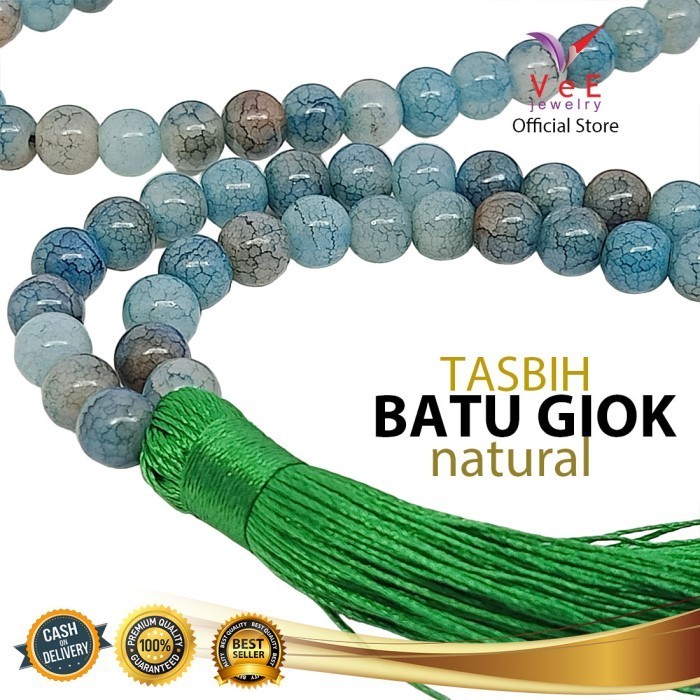 Tasbih 99 Butir Batu Giok Burma Asli 8Mm Biru Natural- Vee Muslim Asli 100%