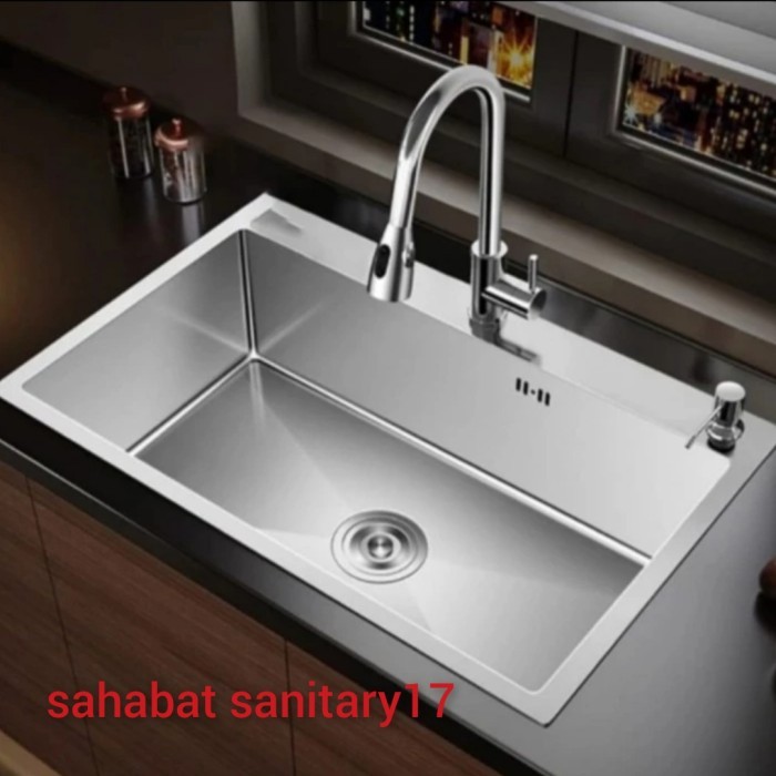 Paket Kitchen Sink Stainless 8050 Sink 1 lubang Besar + Kran Fleksibel