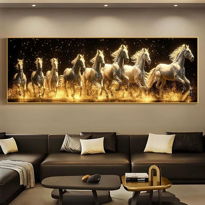 Lukisan Porcelain Painting Diamond 9 Kuda Putih Mewah Led Lighting