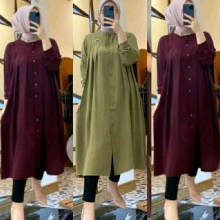 TERLAKU. LONG DRESS TUNIK AZKIA POLOS FULL KANCING JUMBO / ATASAN