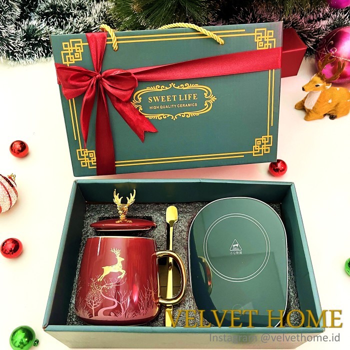 TERLARIS Hampers mug gelas natal rusa + electric heater tatakan pemanas air