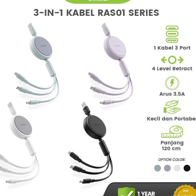 Abel Data 3In1 Retractable Fat Charging 3.5A Abel Charger Android Ra01 Erie Garani 1 Tahun