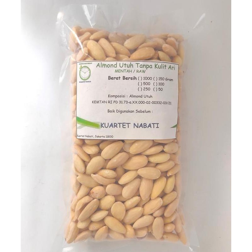 

500gr Almond Utuh Mentah Tanpa Kulit Ari/ Raw Almond Whole Skinless Size Besar 27-30 Berkualitas