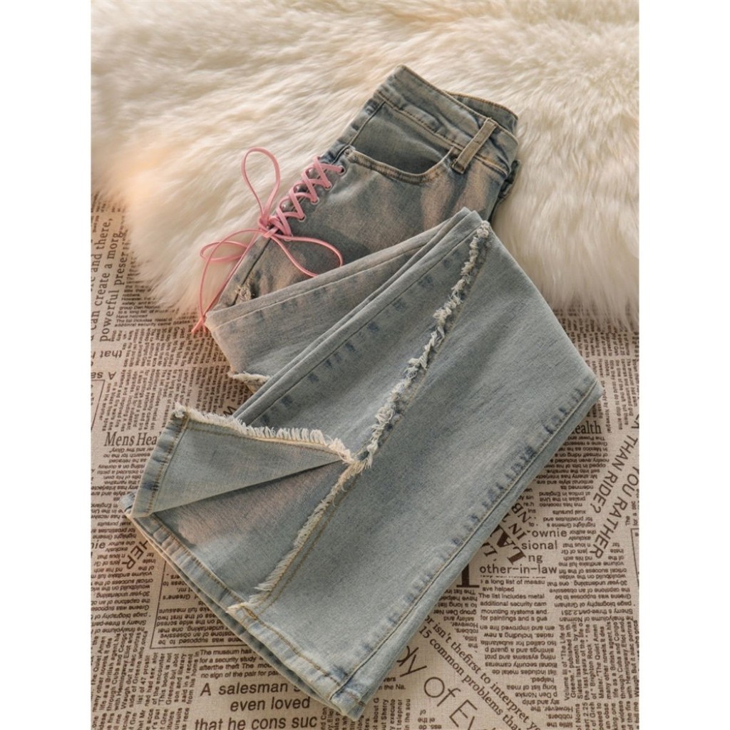 High Street ins Trendy New Split Frayed Lace-Up Flared Jeans