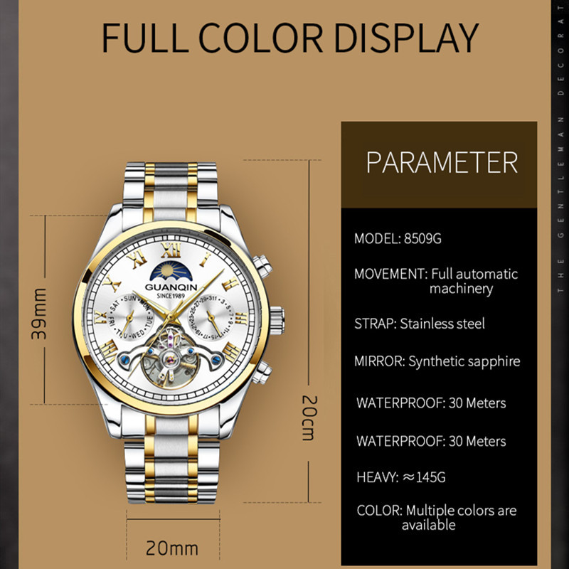 GUANQIN Tourbillon Mechanical Luxury Men's watches Stainless steel Waterproof Moon Phase Watch