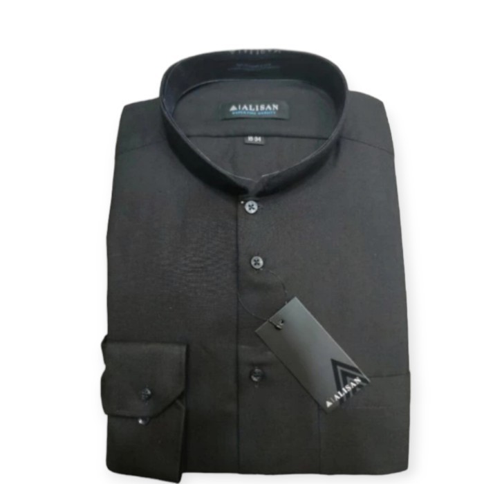Terbaru Kemeja Alisan Koko Hitam Polos Lengan Panjang Reguler Fit Promo