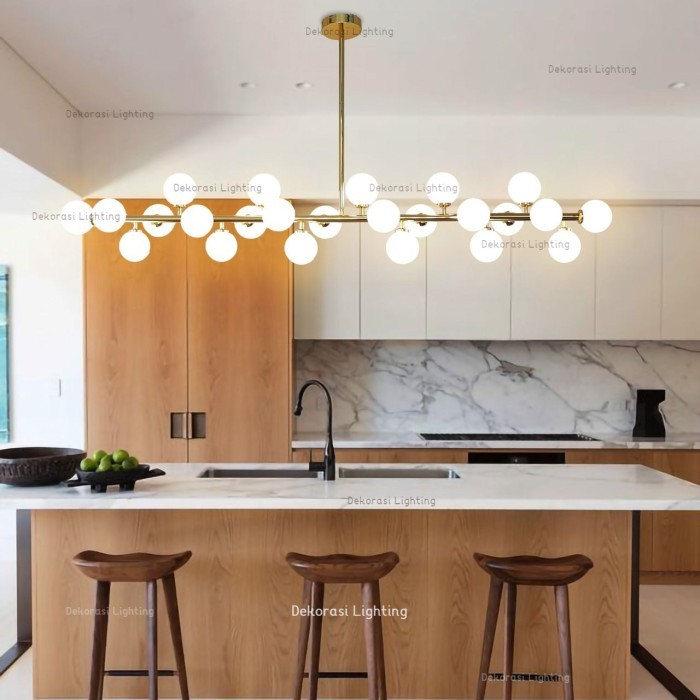 Lampu gantung gold panjang 150cm kaca susu meja makan meja island