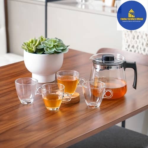 Set Teko Kaca Dan 4 Gelas Cangkir Kaca Cantik Ukuran Teko 1.5Liter