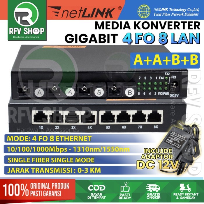 TERMURAH - GIGABIT MEDIA CONVERTER 4 FO 8 LAN FIBER OPTIK SWITCH KONVERTER HTB