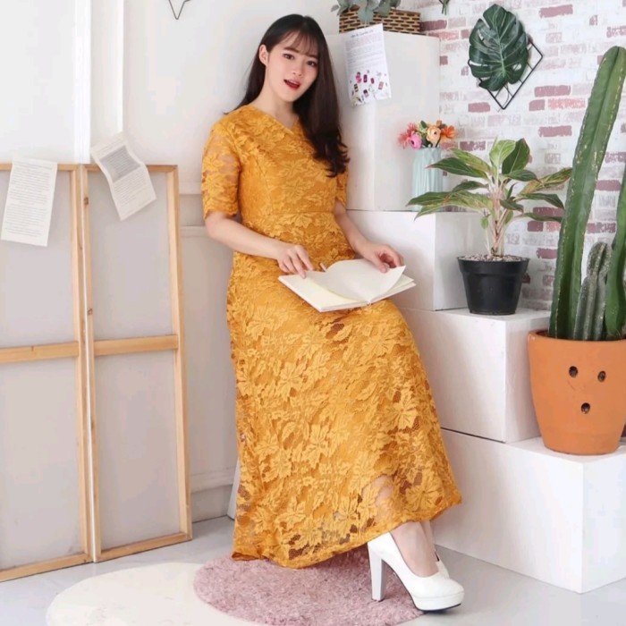 New Arrival Long Dress Viona Lengan Pendek V Neck Brukat Corneli Gold Emas Bb Mdu210