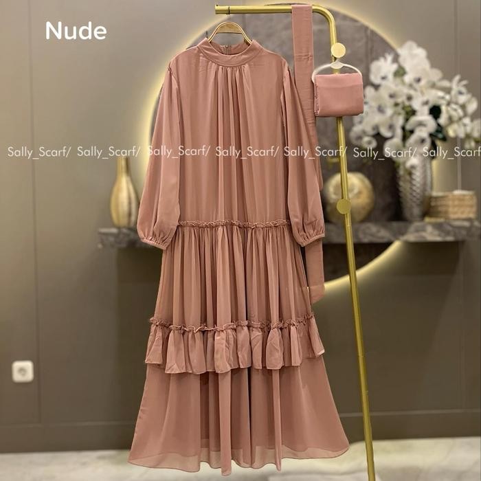 New Sally Scarf Set 2in 1  Allura Dress  hijab segi 4/baju lebaran - Nude  Hijab Idul Fitri