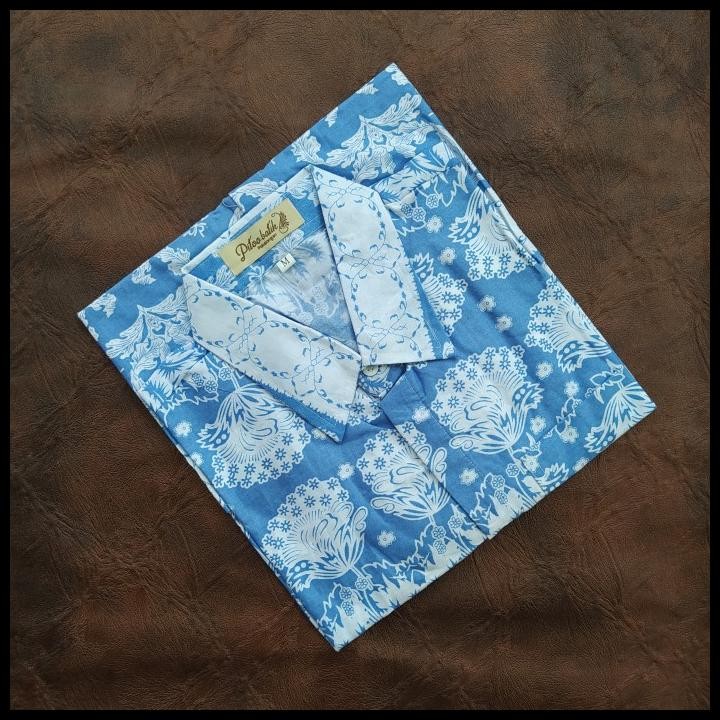 Terlaris Batik Pria Warna Soft - Kemeja Batik Pria Lengan Pendek Abu Biru Muda Good Quality