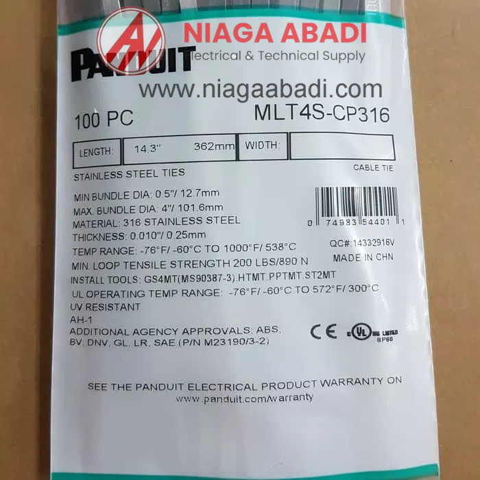 

Panduit Stainless Steel Cable Ties L: 14.3 W: 0.18 MLT4S-CP316 100 pc