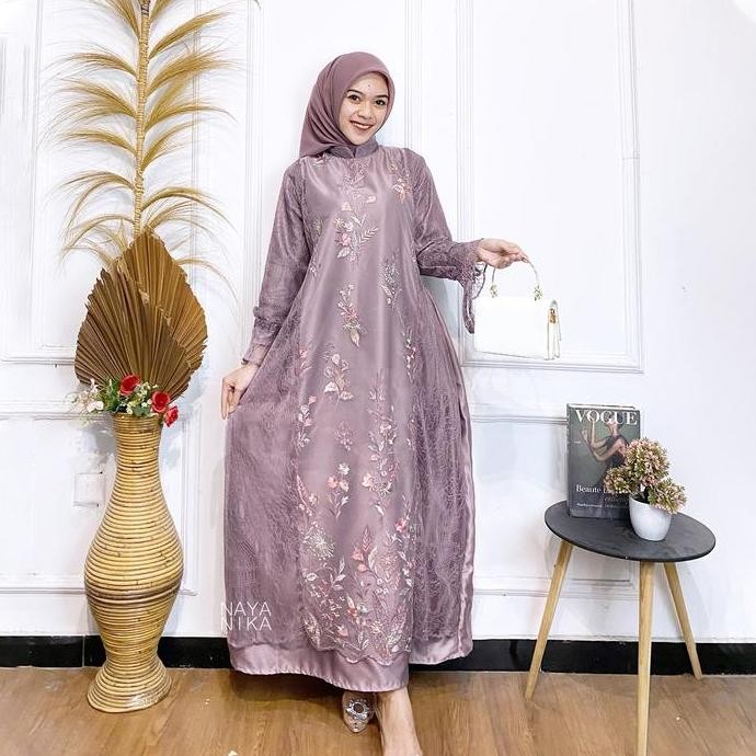 NAYANIKA BATIK - Maxi Dress Lebaran Terbaru AQILA Gamis Brukat Tulle Garden Kombinasi Chantily Outif