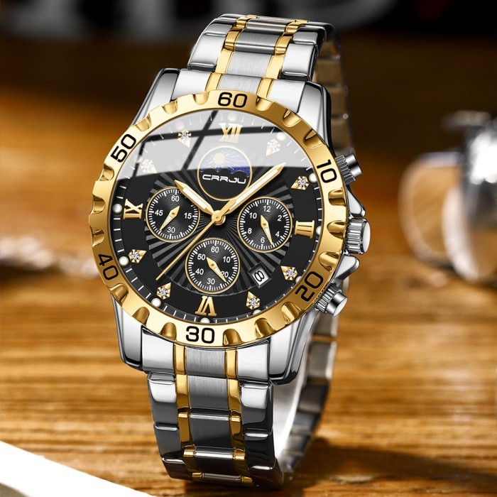 Crrju Jam Tangan Pria Anti Air Original Anti Karat Luxury Kronograf Bercahaya Kalender Quartz Watch