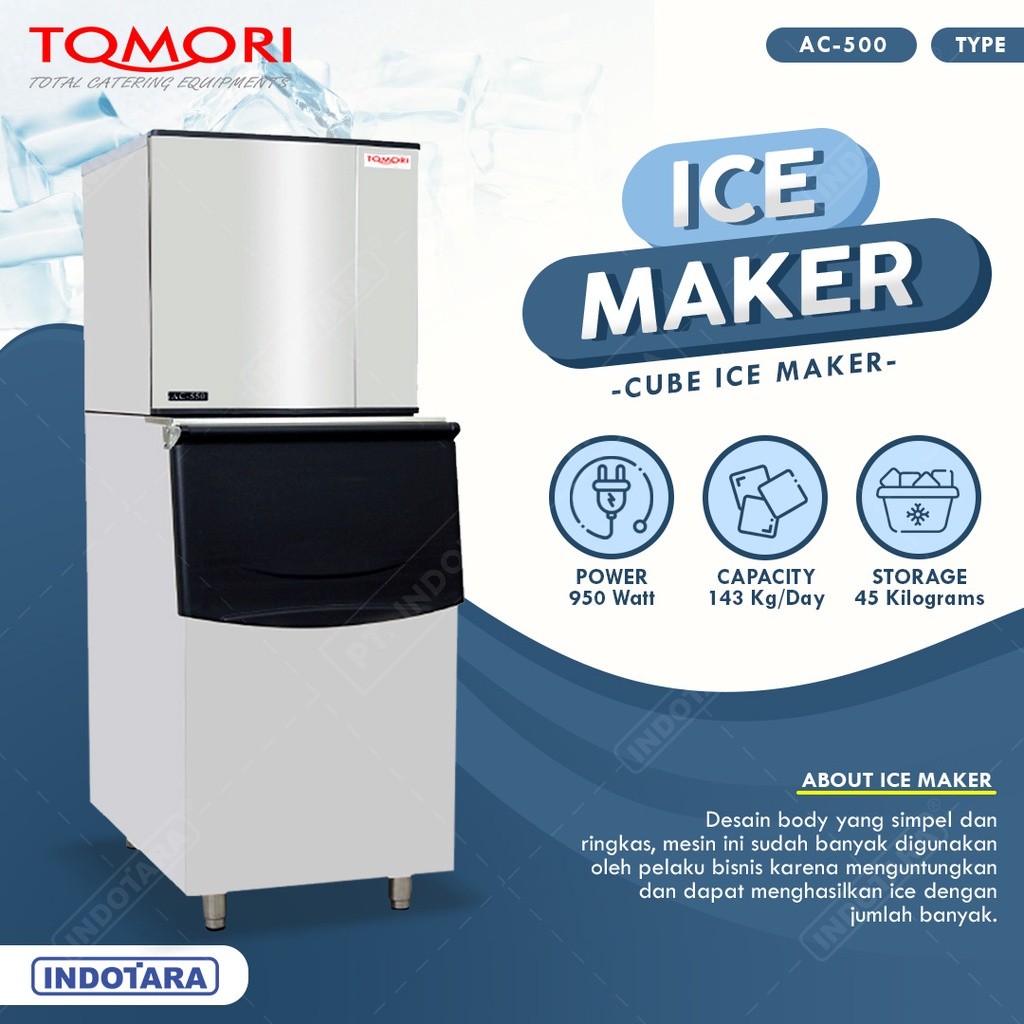 Mesin Pembuat Es Kubus Tomori AC-500, Kapasitas 220 kg/Hari, Dimensi 560x800x1830 mm