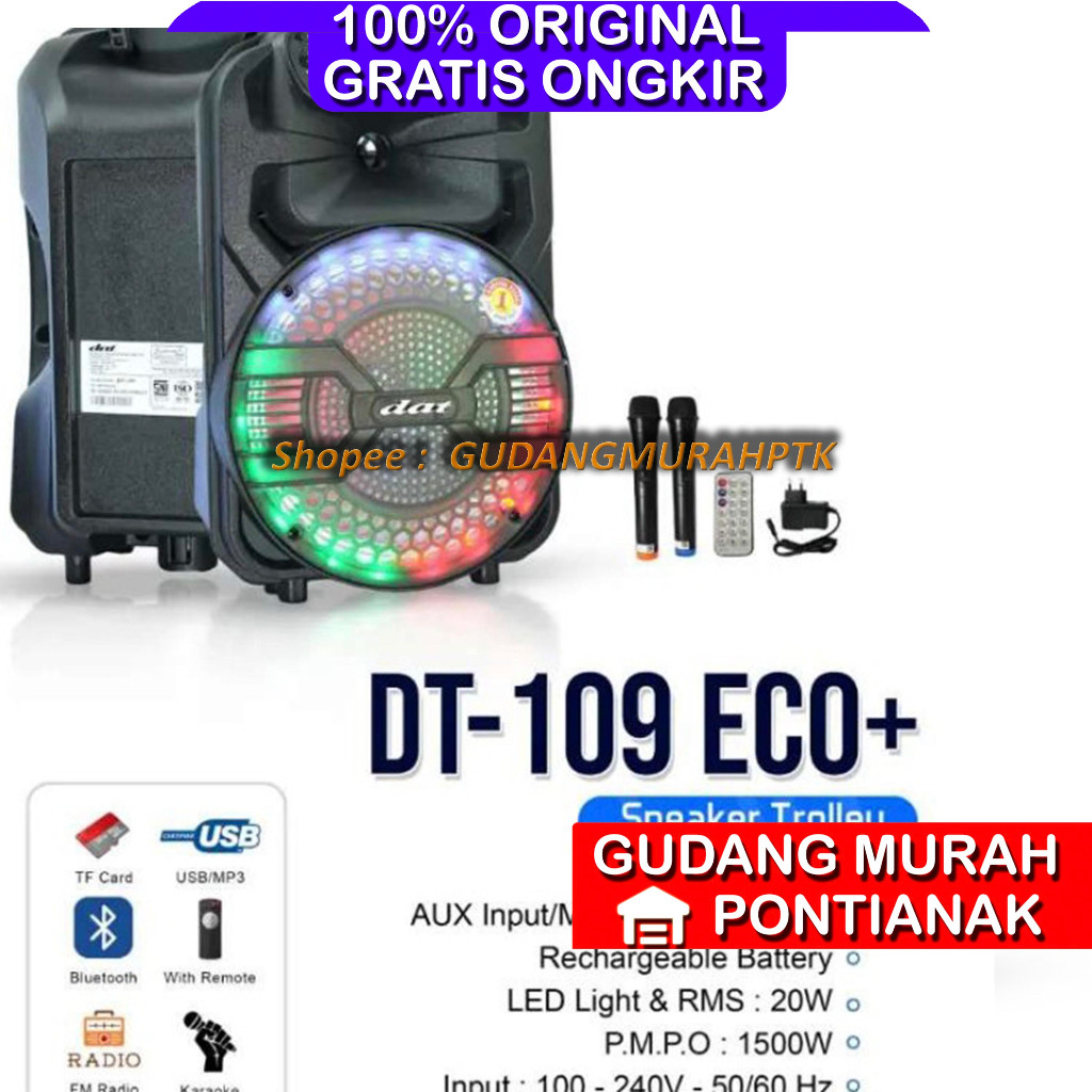 Speaker Portable 10 inch DAT DT 109 Free 2 Mic Wireless Eco + Salon Charge Bluetooth