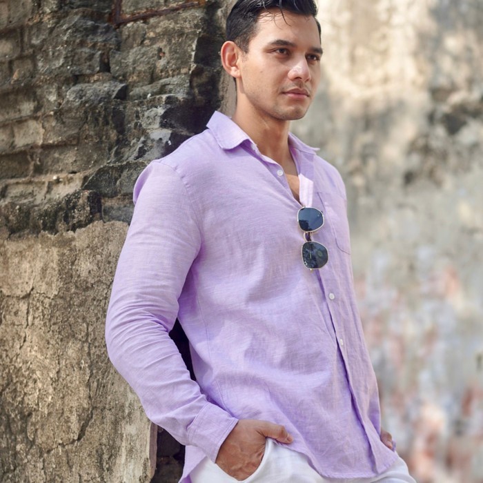 Kemeja Linen Pria Panjang Lilac Ungu REMEDY - Violet Sky Linen Shirt