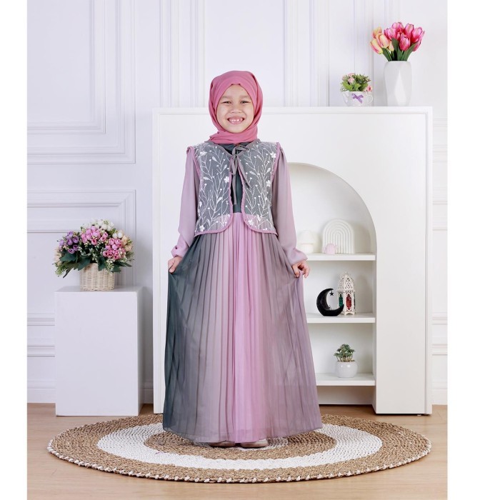 Dungdungkids Gamis Anak Moreen Ceruty Babydoll Plisket Rompi Tile Bordir Free Pashmina3-12Tahun