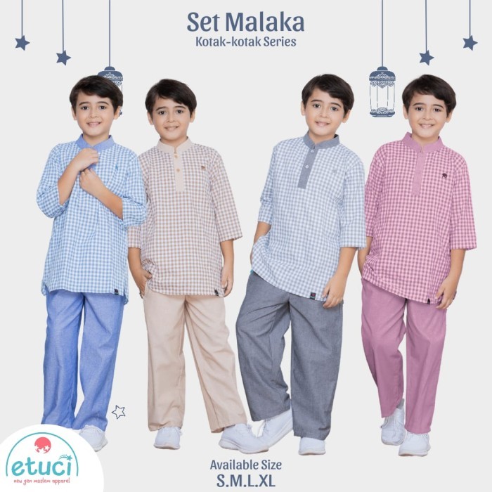 Baju Koko Anak Laki Laki Setelan Muslim Set Malaka Kotak Kotak Series