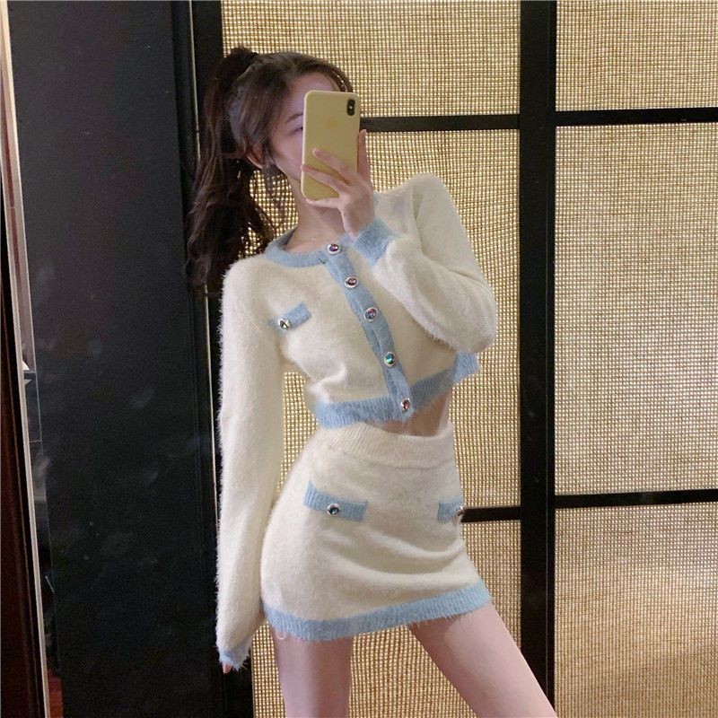 SENYOUMAI Setelan Temperamen Modis Dan Mewah Sweter Kardigan Rajutan Prancis Rok Pinggul Wanita Sete