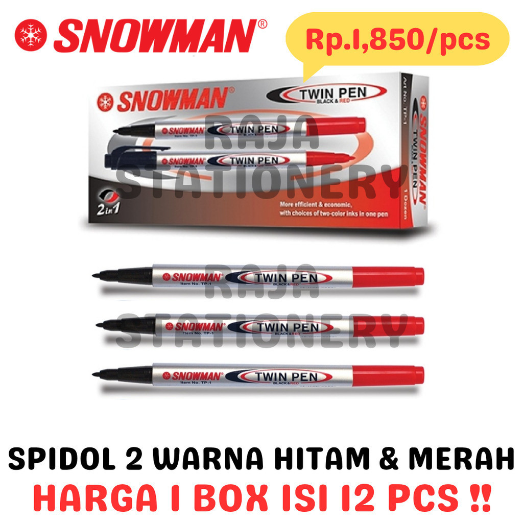 

SNOWMAN PERMANENT MARKER TWINPEN DUAL TIP 2 in 1 TWIN PEN / PENANDA PERMANEN SNOWMAN 2 WARNA HITAM MERAH TP-1 LUSIN BOX [12PCS] RAJA BIG BOX