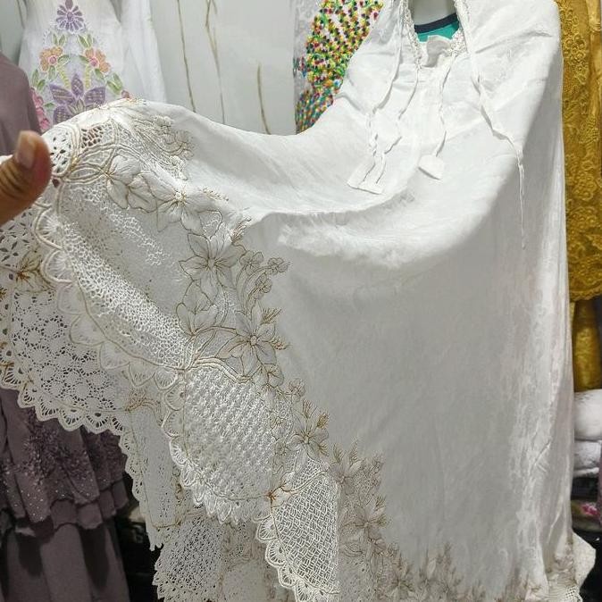Miliki Mukena Kerancang Keliling Premium Super Benang Emas  Bordir Renda Atasan Terusan Lembut Putih