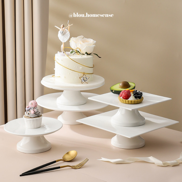 Cake Stand High Feet Wadah Kue Tingkat Piring Kue Susun Keramik Putih