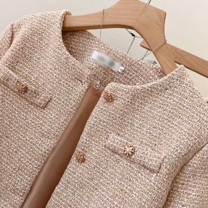 Sale Folady - P184 Atasan Blazer Tweed Wanita Lengan Panjang Kancing Emas Mutiara Mewah Anti Karat D