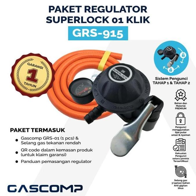 gascomp superlock grs915 paket selang gas + regulator meter tekanan rendah pengunci ganda otomatis s