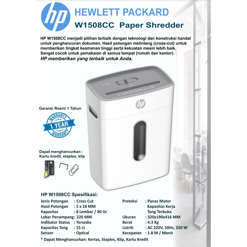 

HOT SALE! HP 1508, Penghancur Kertas - Paper Shredder (Hewlett Packard), Kapasitas 8 lembar 15 Ltr,