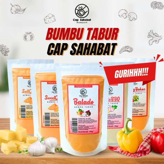 

Cap Sahabat - Bumbu Tabur Balado Jagung Bakar Garlic BBQ Keju Asin Keju Manis