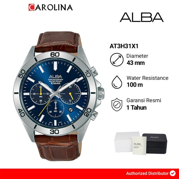 TERBARU Jam Tangan Pria ALBA Active AT3H31X1 Blue Dial Brown Leather Band Watches